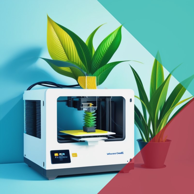 An illustration of a 3D printer using the leaves of a plant to print an object
